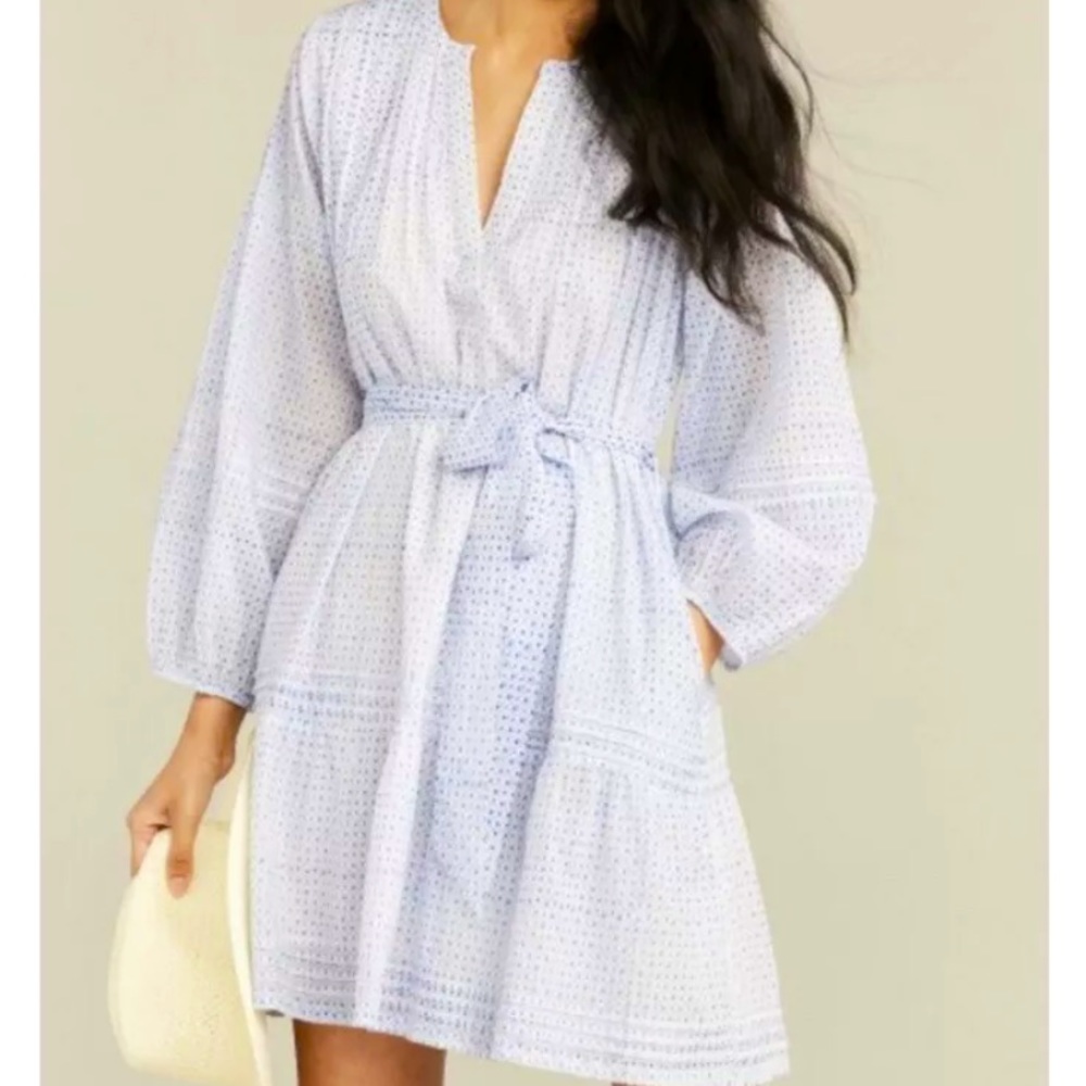 NWT Roller Rabbit Surry Nydia White Blue 100% Cotton Voile Dress XL